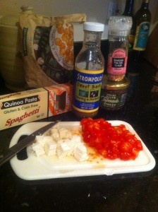 Simple ingredients for Greek Pasta Salad